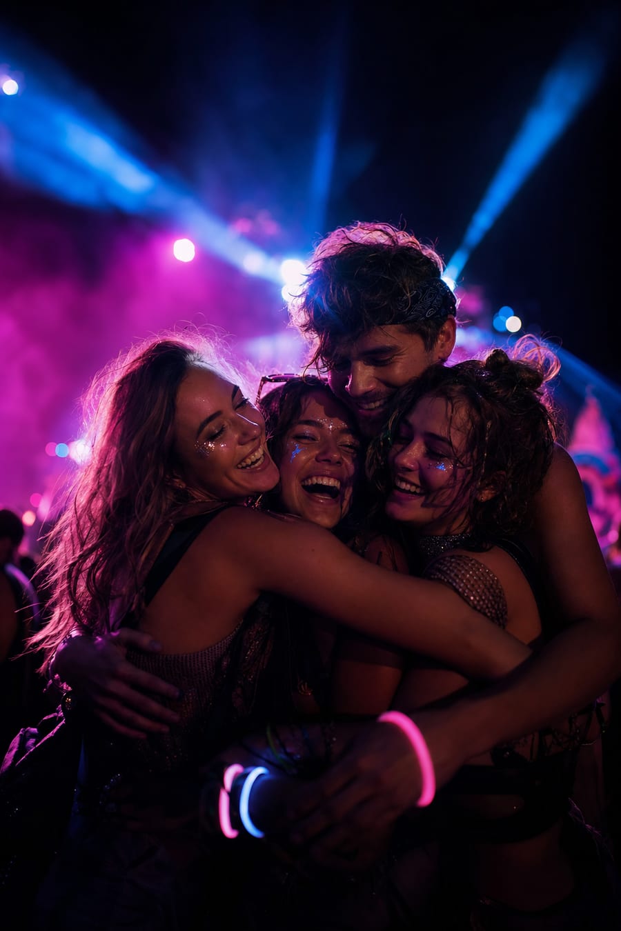 Festival-Crew feiert gemeinsam vor der Bühne